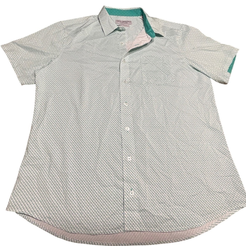 Nick Graham Button Down Shirt Mens XL Green Blue Dot Stretch Modern Fit Short Sl
